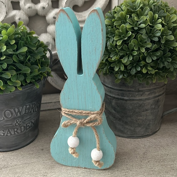 Boho Farmhouse aqua blue Wooden Bunny Decor - Picture 11 of 12